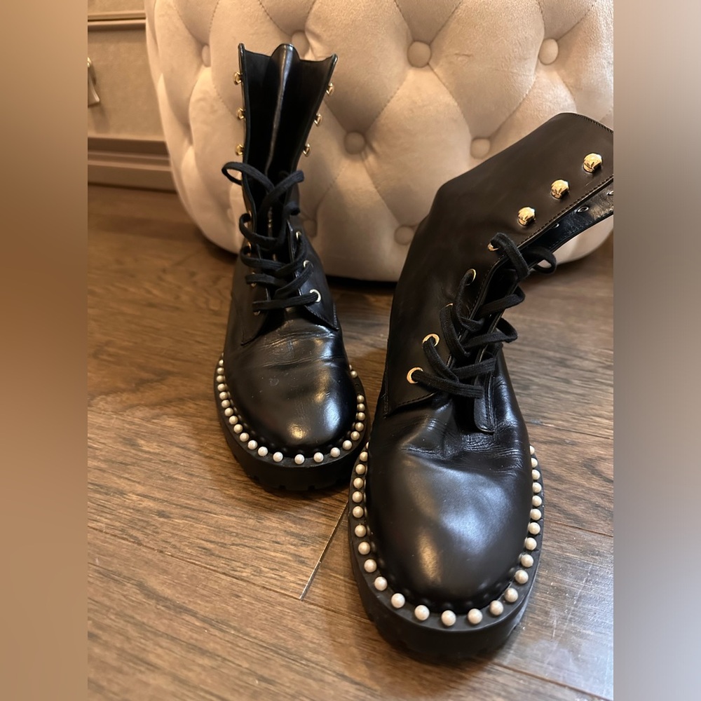 Stuart Weitzman pearled, leather combat boot